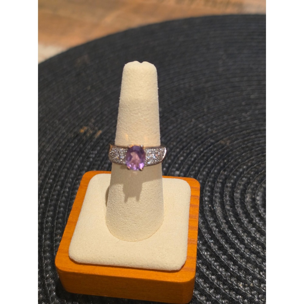 Gold Tone Amethyst Oval Center Stone Ring with Pavé Accents Purple Gold
